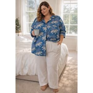 Printfresh Leopard Pajama Top 4X Blue Cotton Button Front Loungewear